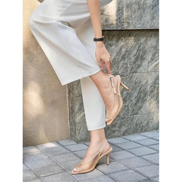 Women's Khaki Slingback High Heels Open Peep Toe Mesh Sandal Buckle Dress Shoes - Picture 2 of 6